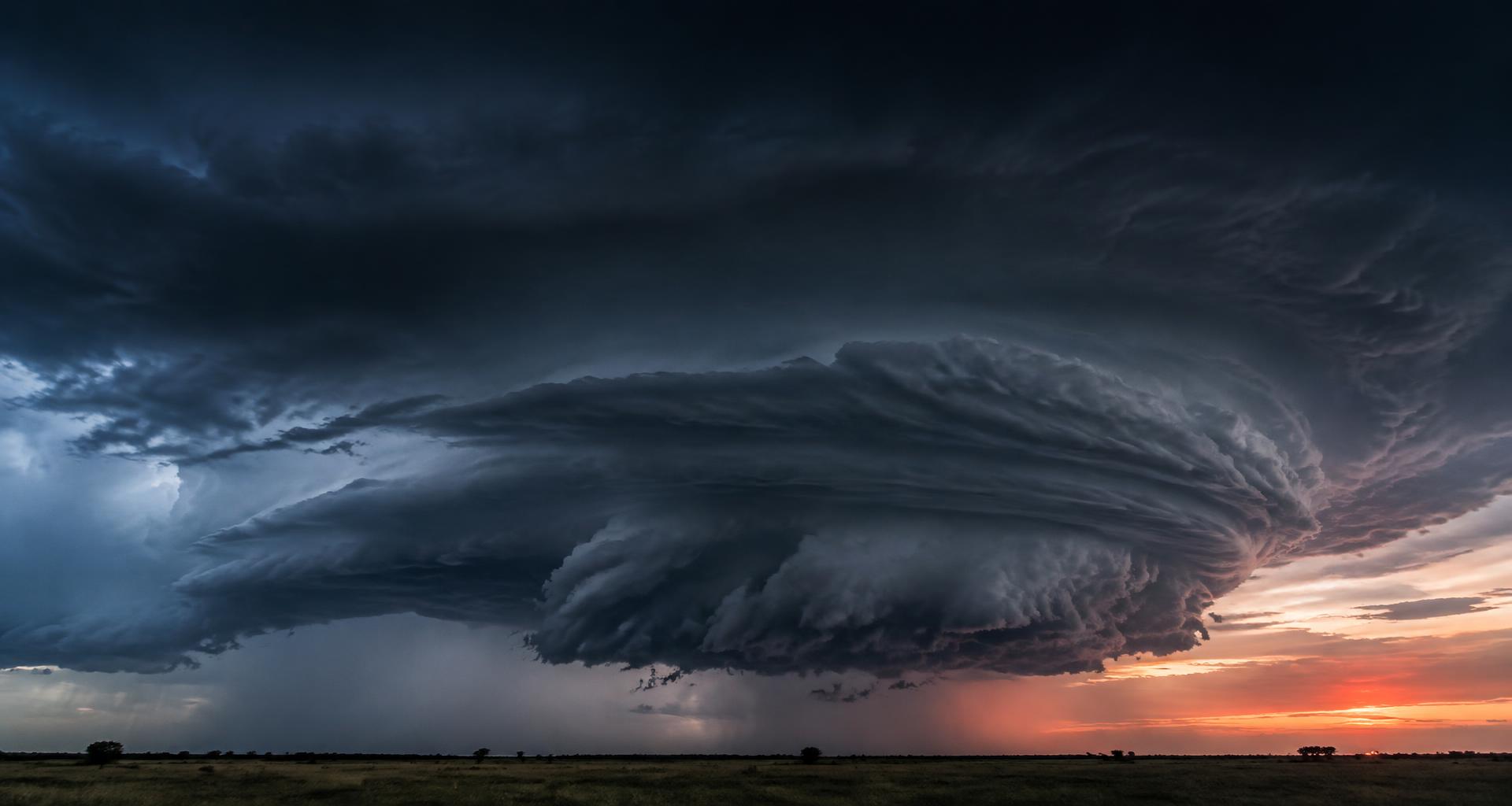 Representação ilustrativa de uma tempestade supercelular sobre uma planície